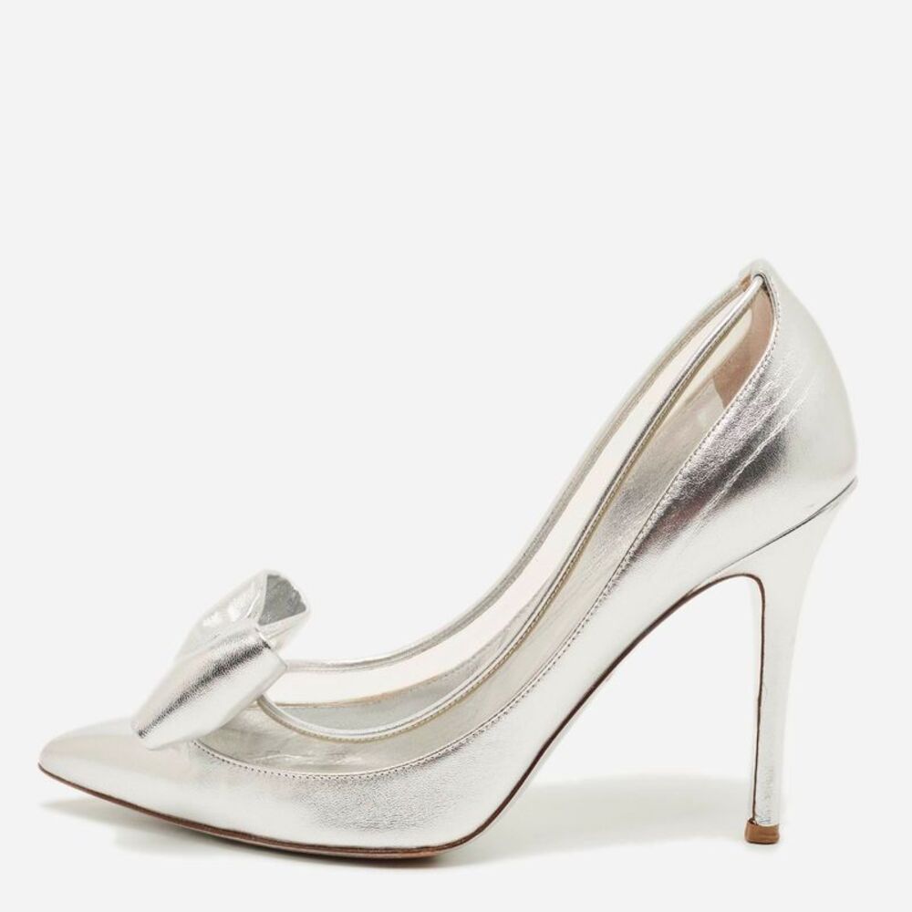Valentino Bow Size 37.5 Silver Leather And Pvc Pumps